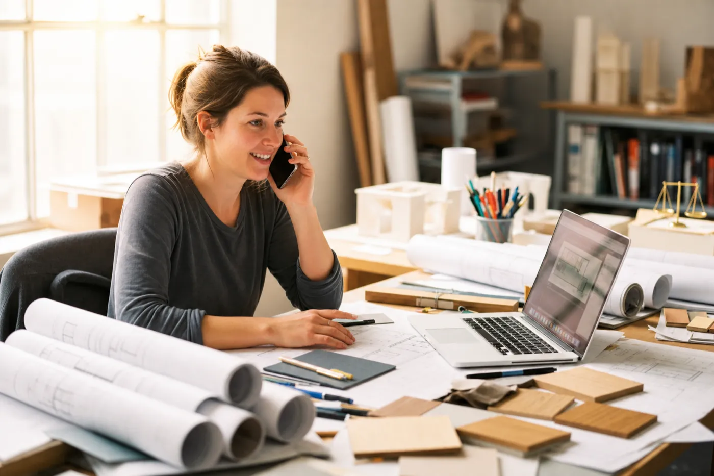 Designer on a call at a drawing table stacked with plans and material samples