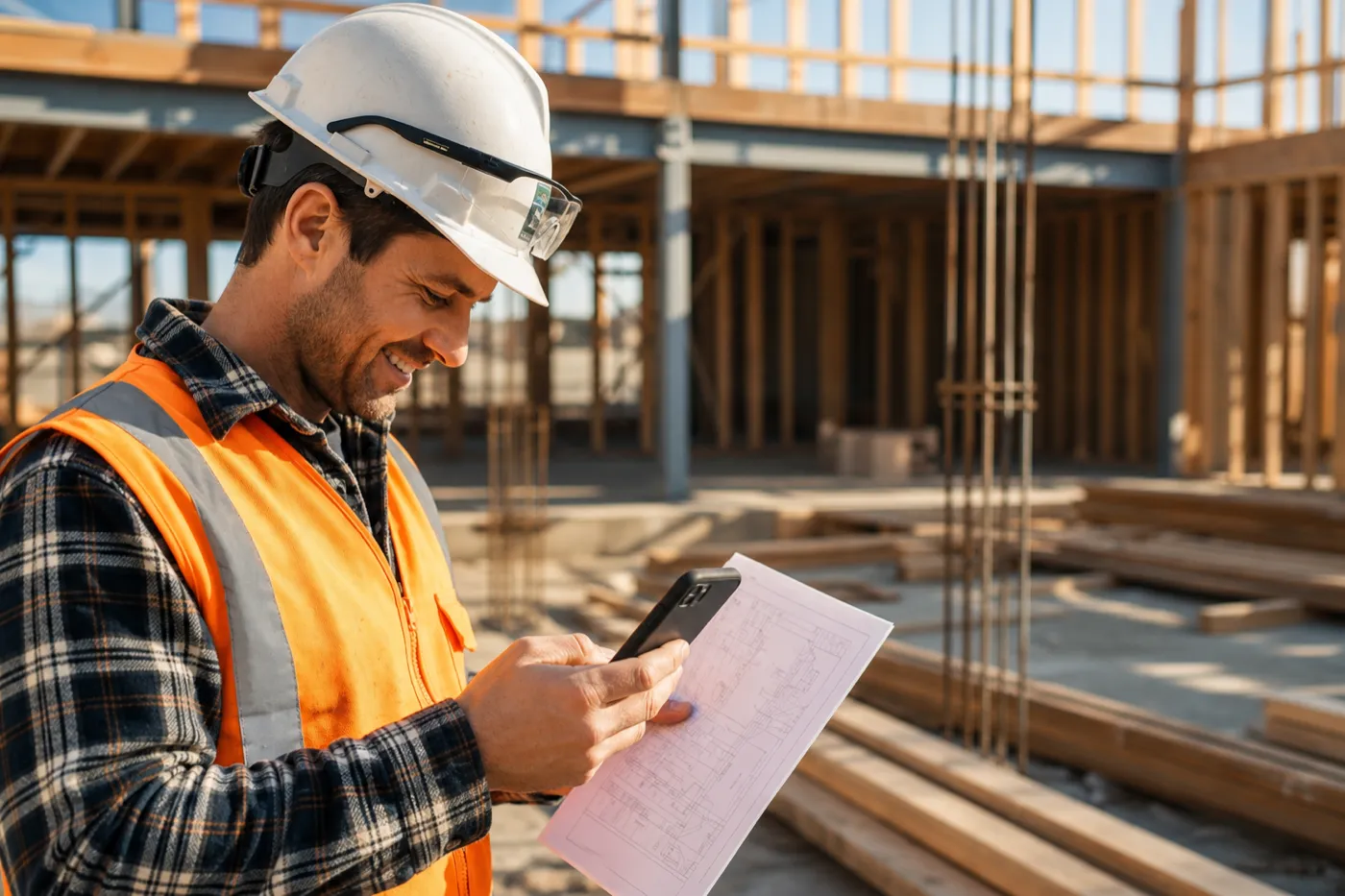 Superintendent on a framed jobsite checking a drawing on his phone