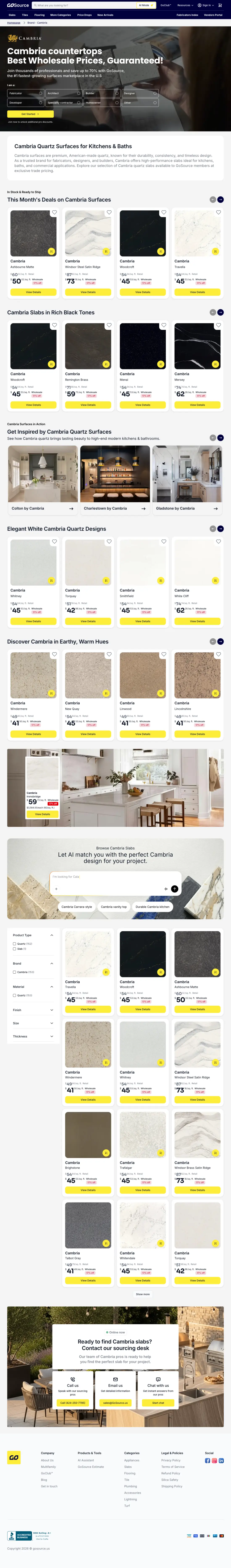 The Cambria brand page on GoSource: collections, product cards and wholesale pricing
